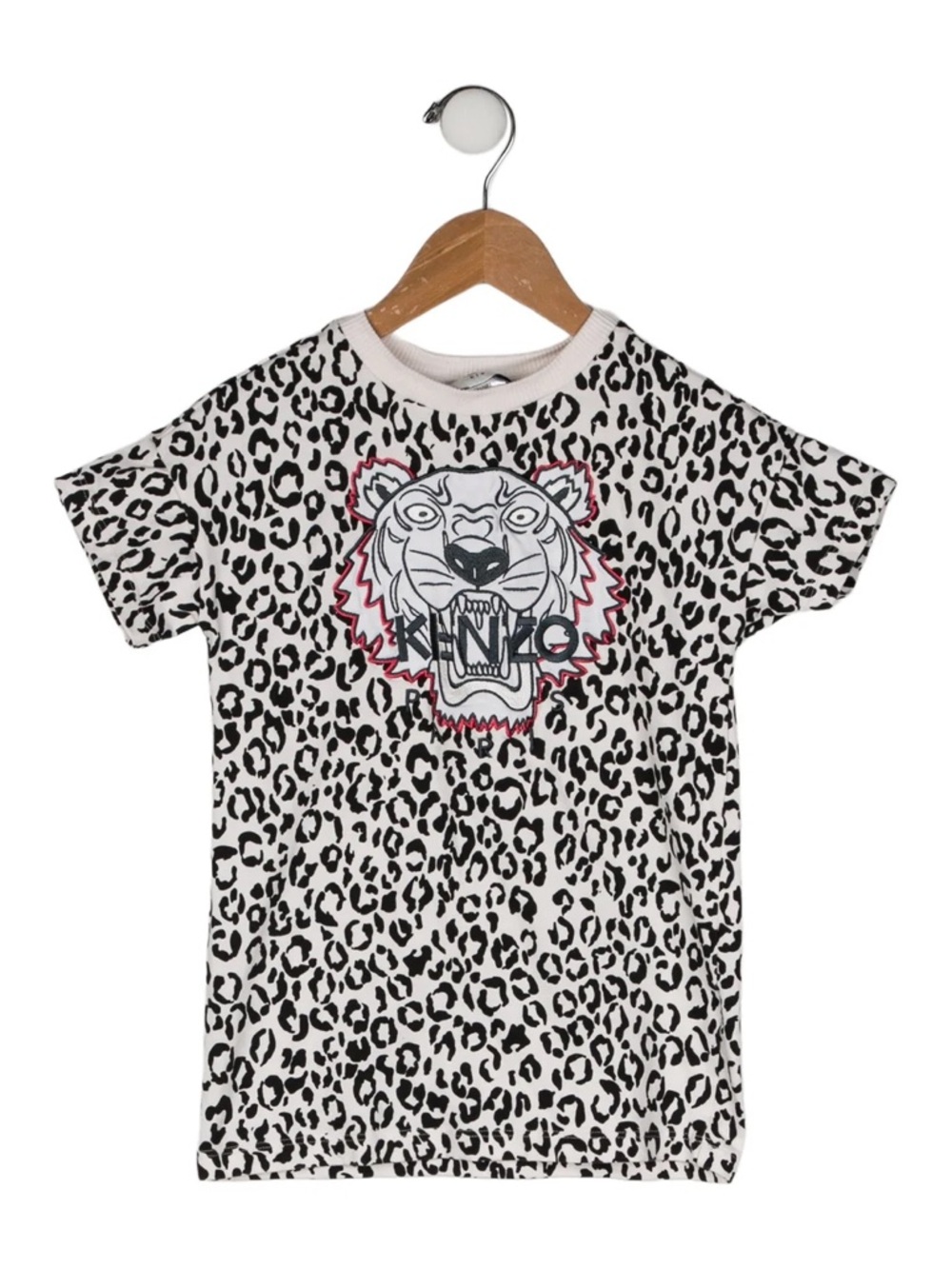 Kenzo Kids White Leopard Print Tee with Red-Trim Tiger Patch